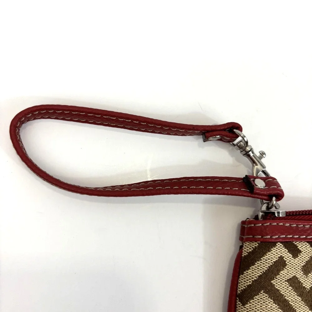 Tignanello Logo Wristlet Clutch‎ Bag Small Brown Red Trim Canvas Zip Top